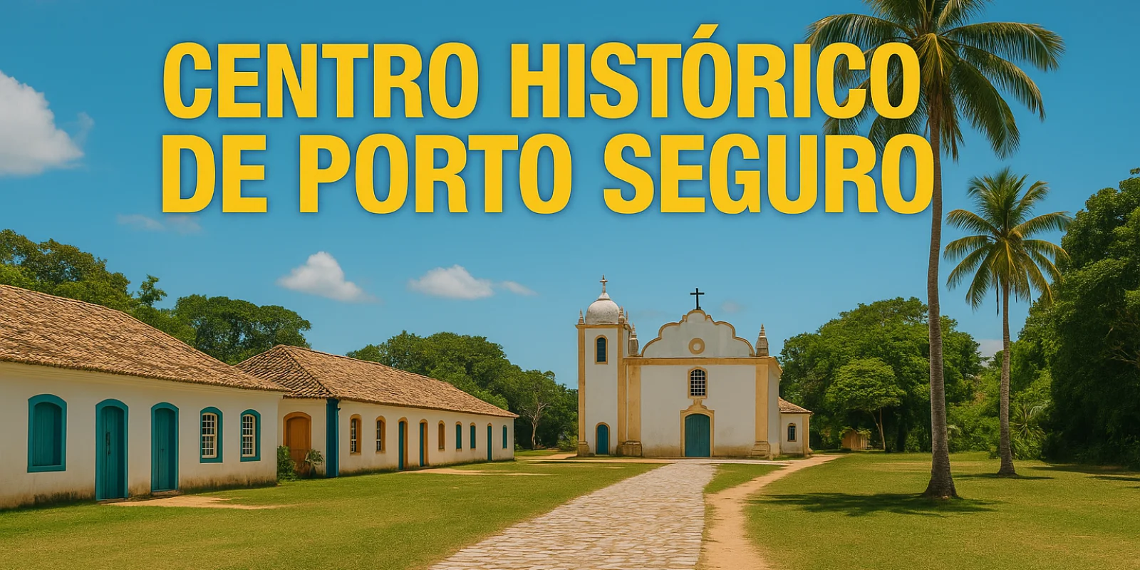 Vista panorâmica do Centro Histórico de Porto Seguro com Igreja da Pena e oceano ao fundo