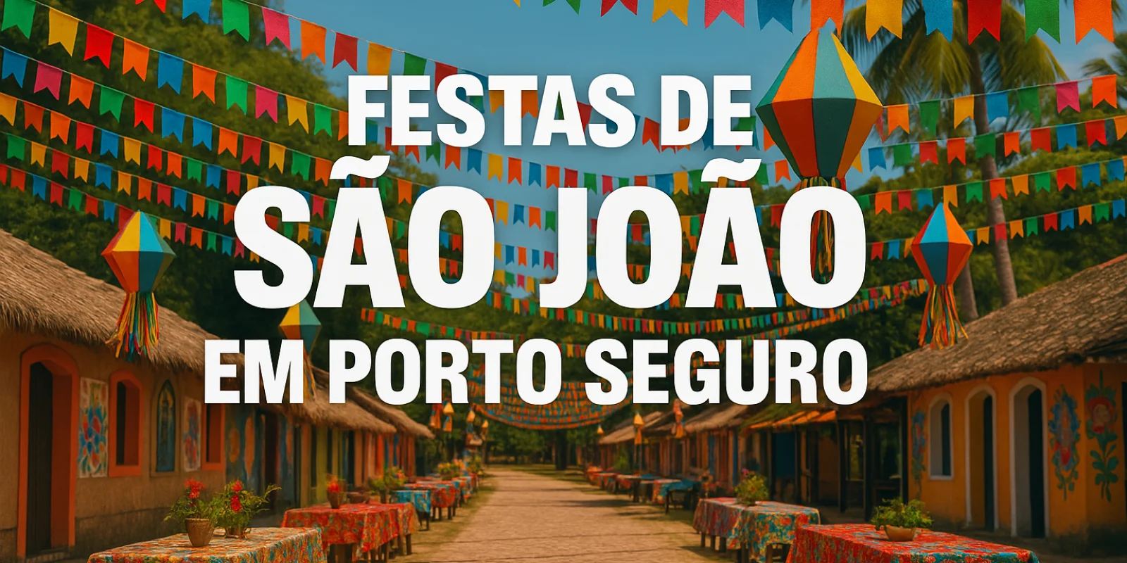 Festa junina animada com bandeirinhas coloridas e fogueira em Porto Seguro