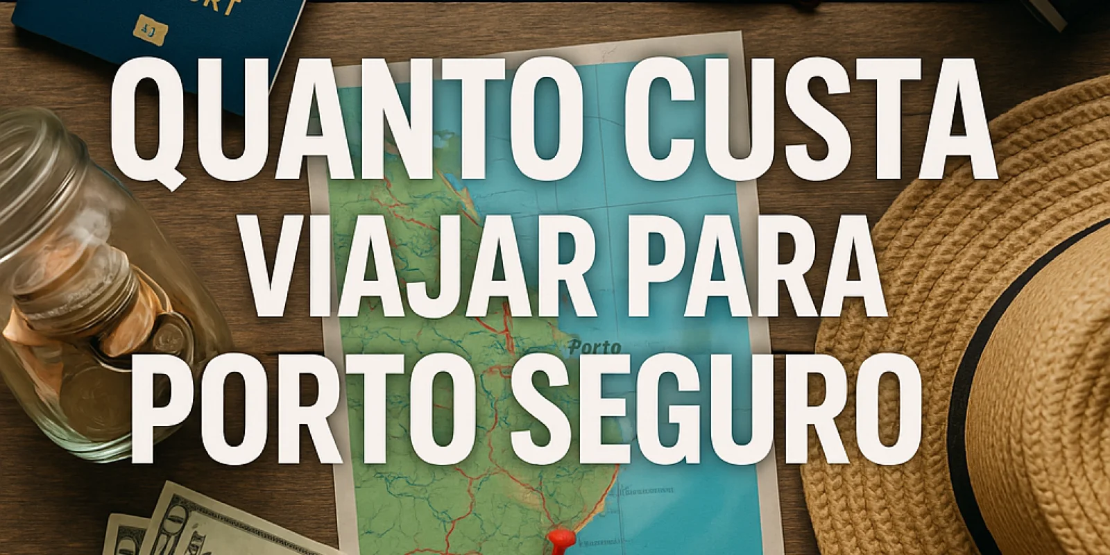 Calculadora, dinheiro e passagens aéreas sobre mapa de Porto Seguro